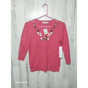 Mercer Street Studio Women's Small Embroidered Coral V Neck Sweater